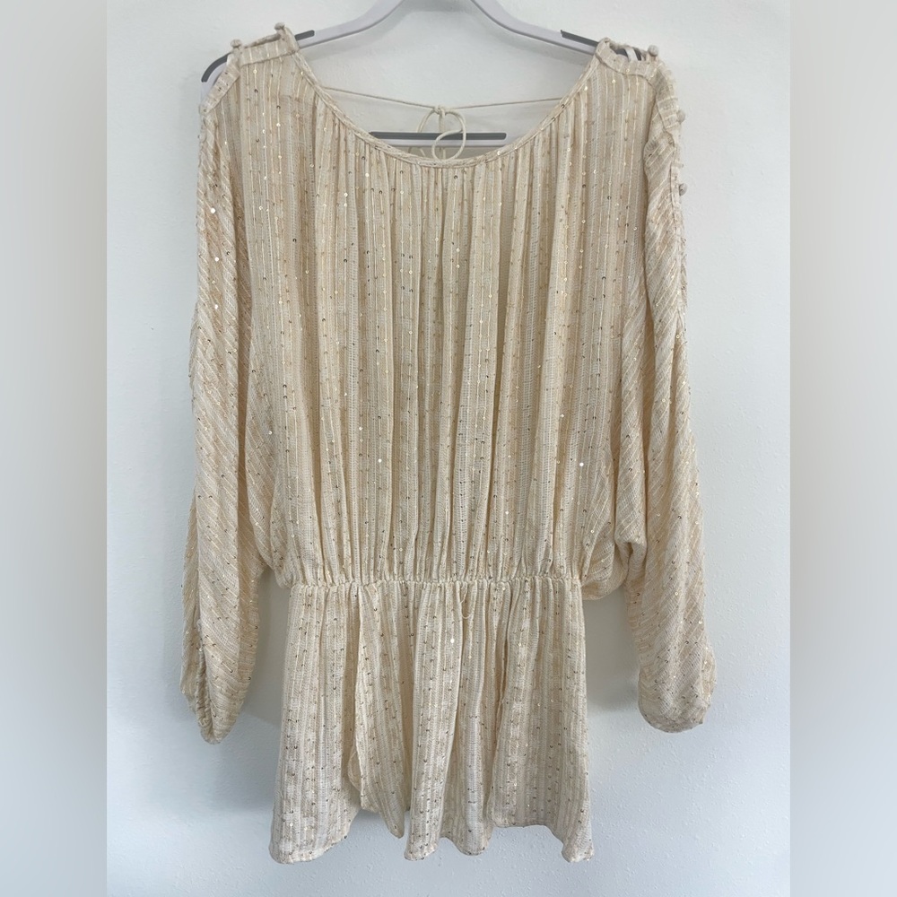 Free People Flowy Cream Sequin Blouse- Size Medium